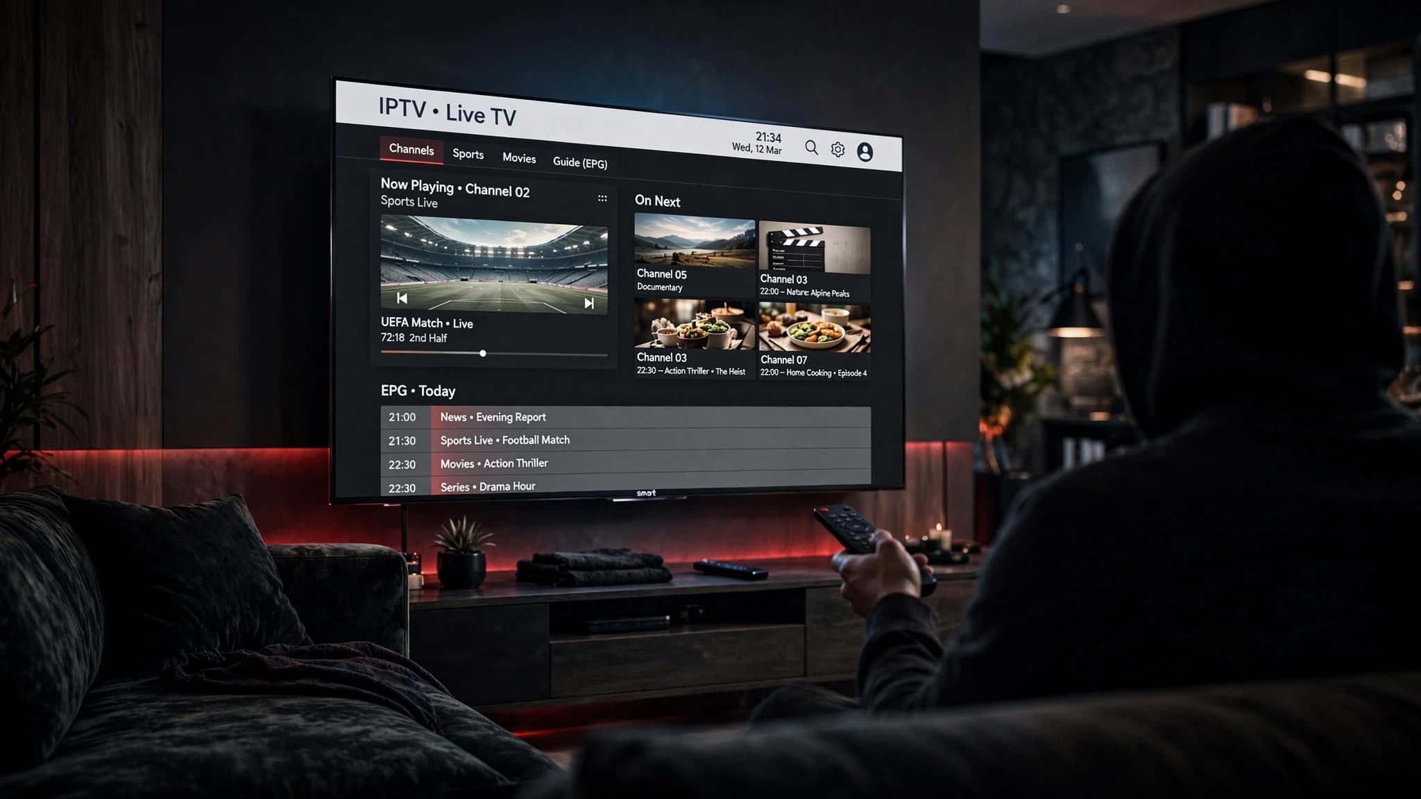 Großer Fernseher zeigt eine IPTV Live-TV-Oberfläche mit Kanalliste und Programmführer in gestochen scharfer Bildqualität