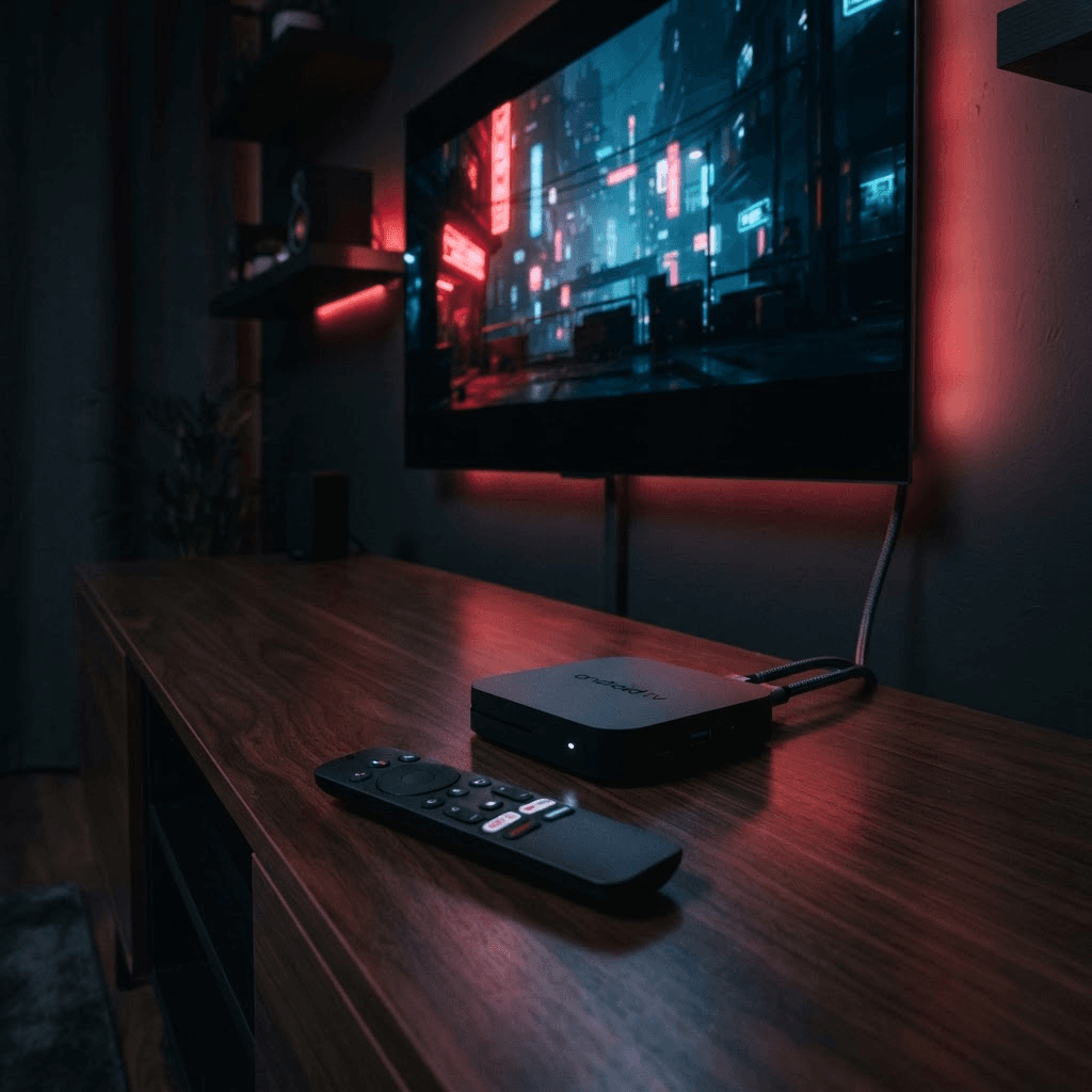 Android TV Box mit Fernbedienung vor einem Fernseher, bereit für die IPTV-Einrichtung