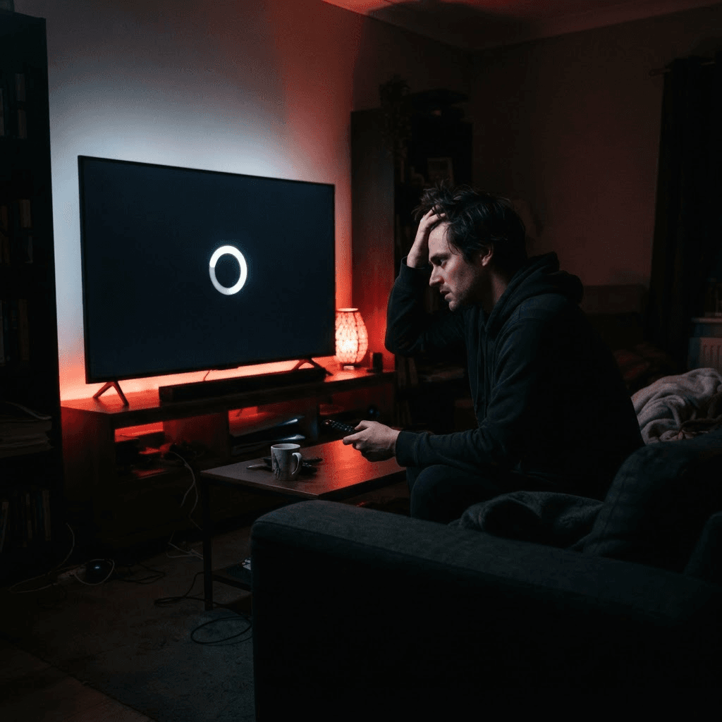Frustrierter Nutzer vor einem gepufferten IPTV-Stream mit Ladekreis auf dem Bildschirm