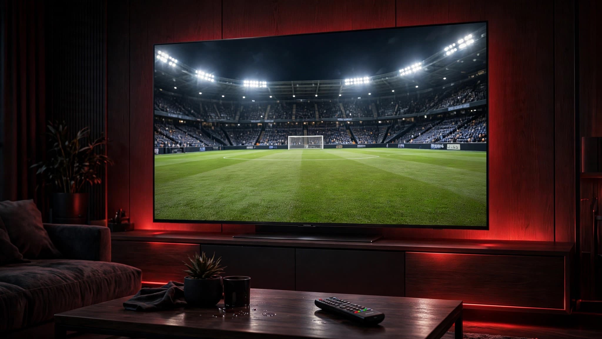 Live-Fußballübertragung in scharfer Bildqualität auf einem großen Fernseher im Wohnzimmer