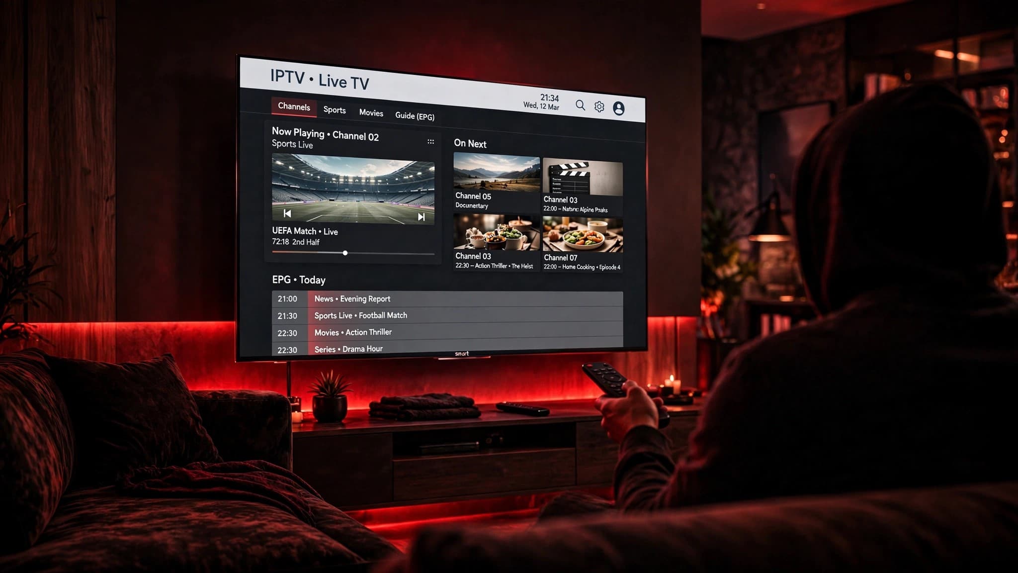 IPTV-Oberfläche mit Kanalliste, Sport-Vorschau und stündlichem Tagesprogramm im elektronischen Programmführer